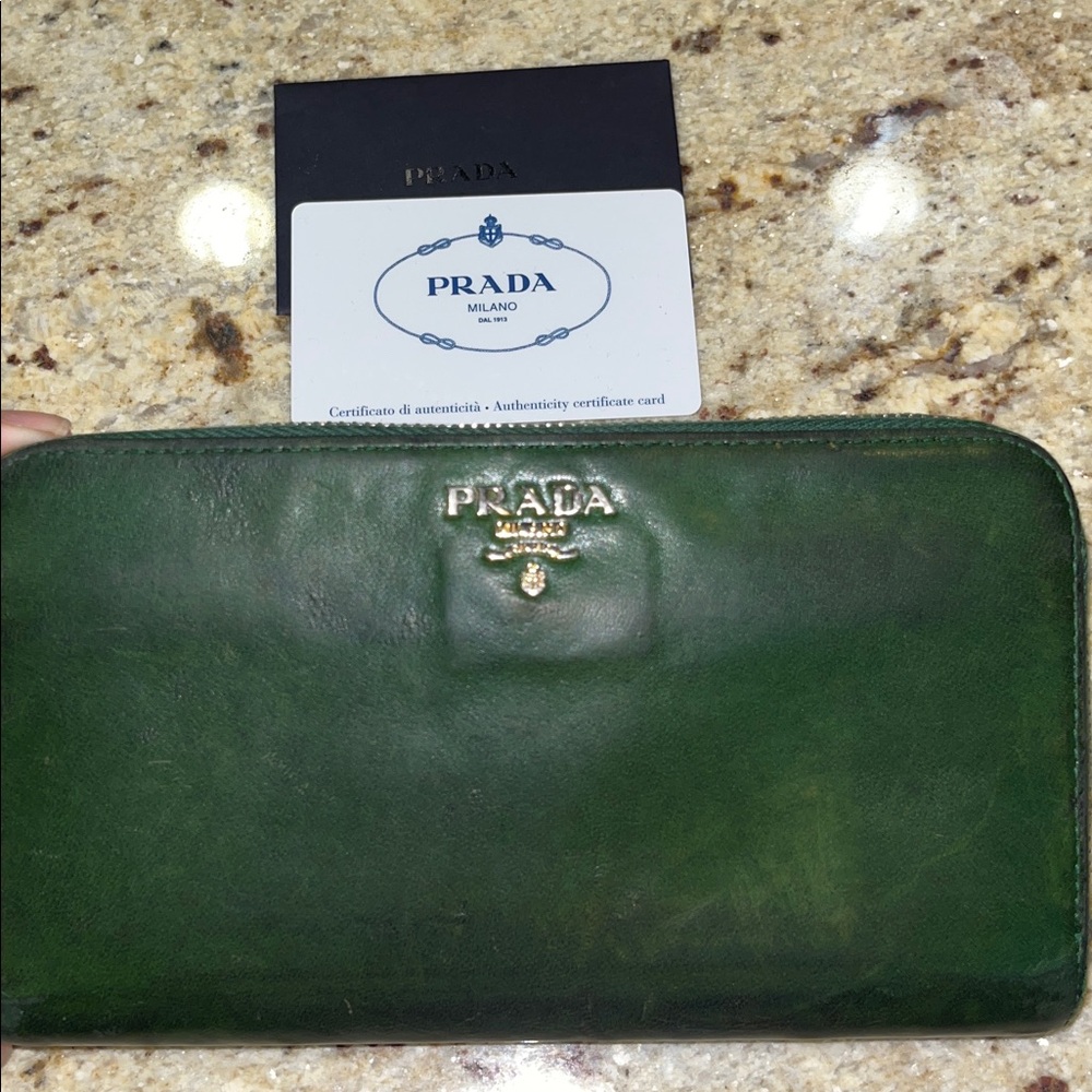 Prada Green Leather Zip Wallet with Gold Logo